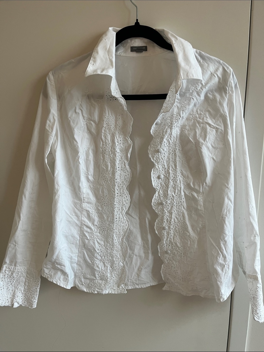 Ann Taylor White Eyelet-Trim Button-Up Women's Blouse